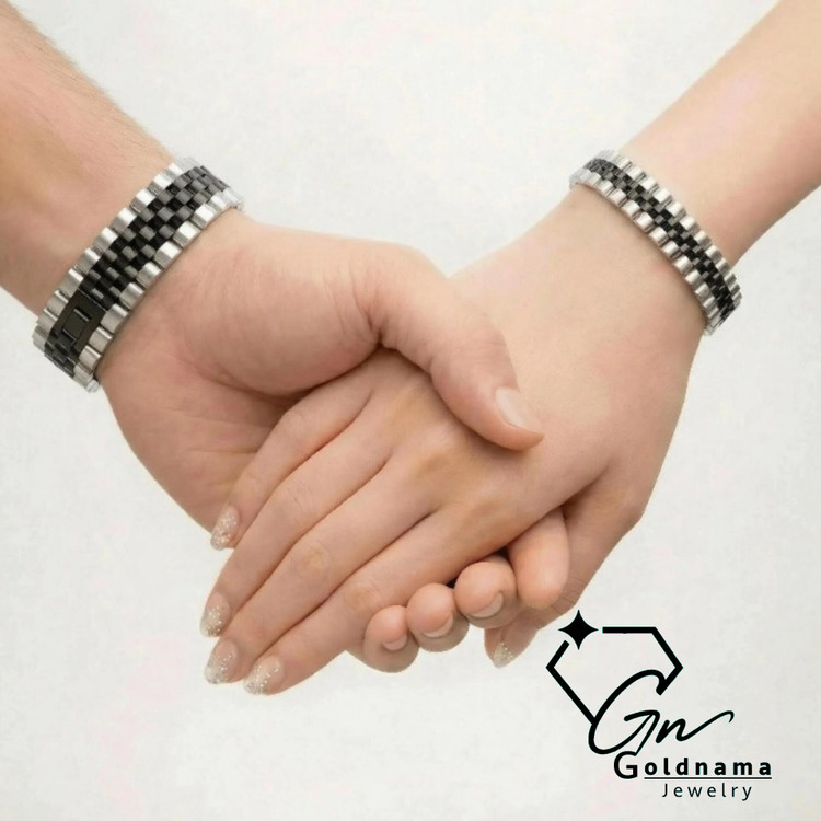 دستبند رولکس ست زنانه/مردانه دو رنگ نقره ای و مشکی استیل رنگ ثابت ضدزنگ