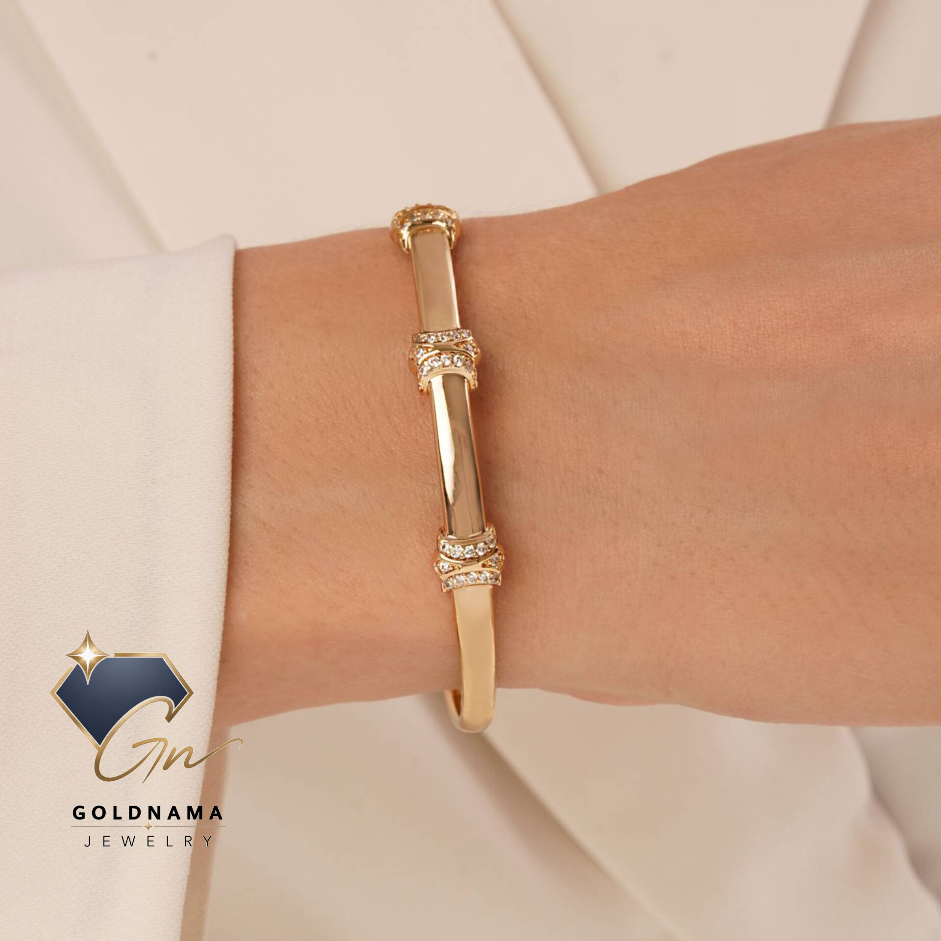 دستبند النگویی زنانه ژوپینگ نگین دار طلایی ضد حساسیت رنگ ثابت مشابه طلا با آبکاری طلا