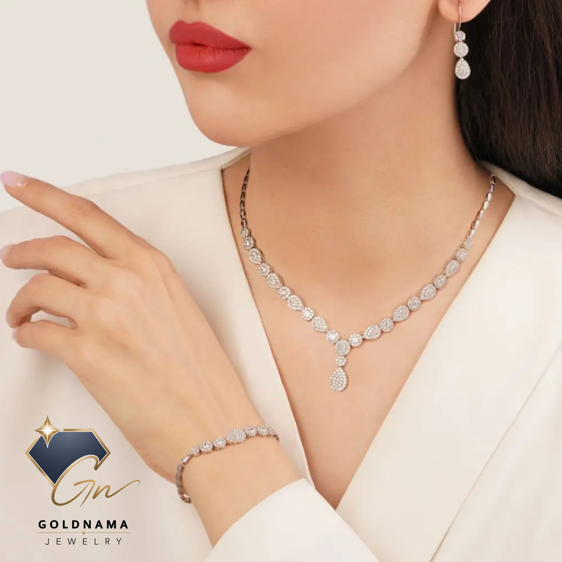 سرویس جواهری زنانه نقره ای فلاور اشک آبکاری رادیوم رنگ ثابت ضد حساسیت کاملا مشابه طلا