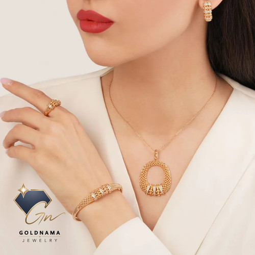 سرویس زنانه ژوپینگ نگین دار طلایی رنگ ثابت آبکاری طلا ضد حساسیت مشابه طلا