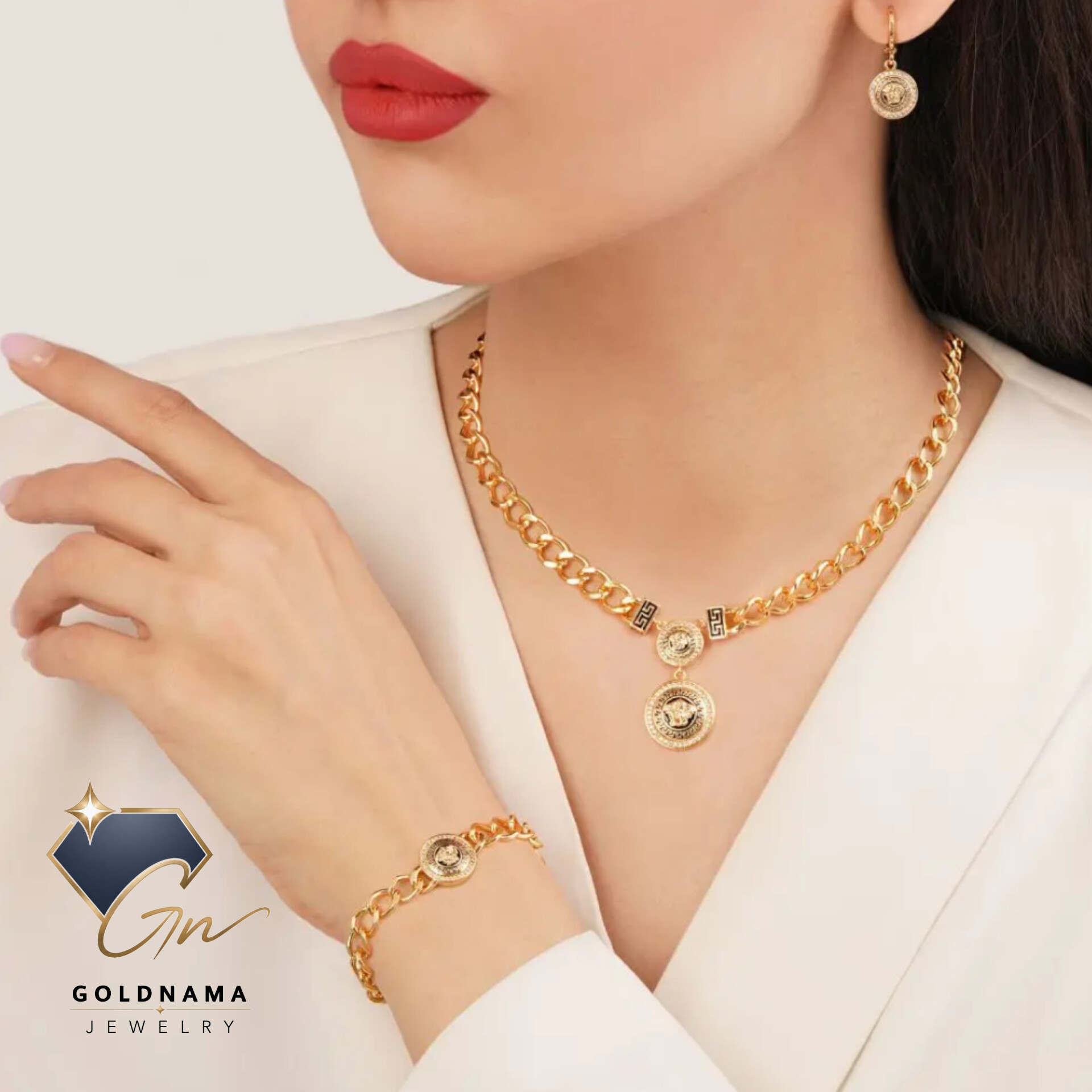 سرویس YSX زنجیری زنانه ورساچه طلایی مشابه طلا با ماندگاری رنگ بالا شیک و مجلسی