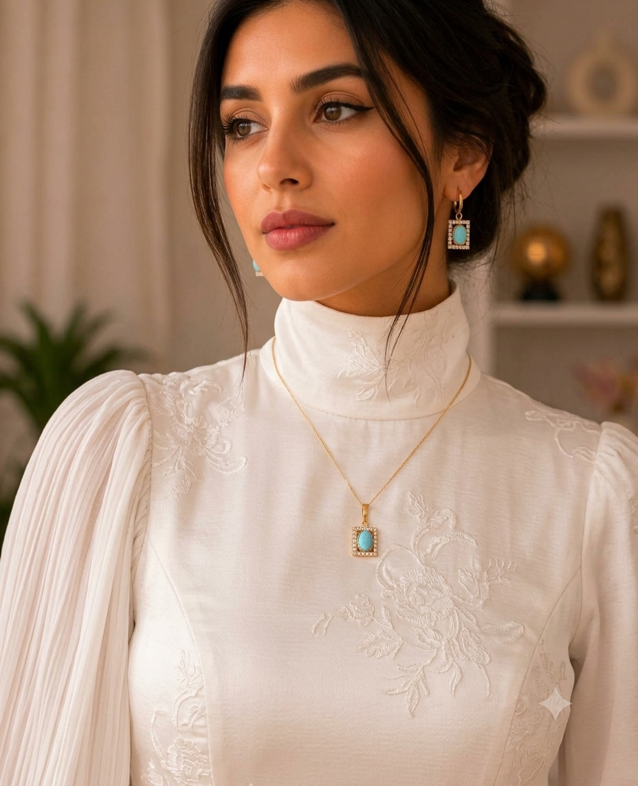 نیم ست زنانه فیروزه طلاروس سنگ اصلی نیشابور رنگ ثابت ضمانتی همراه زنجیر