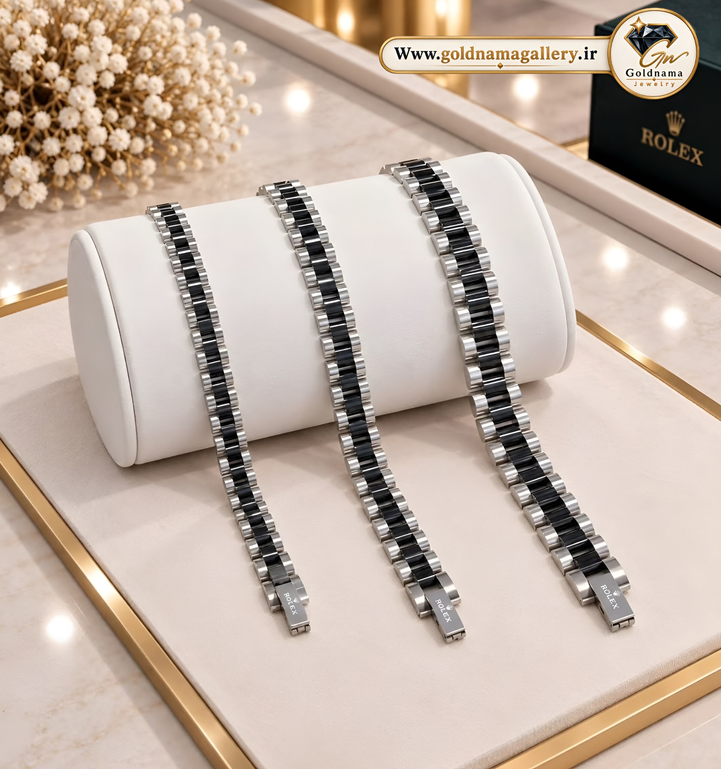 دستبند رولکس فول استیل وارداتی دو رنگ نقره‌ای مشکی اسپرت سه سایز